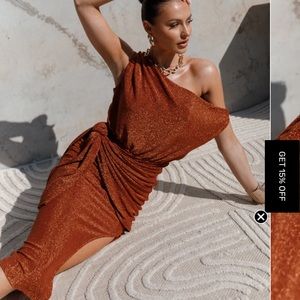 SANTIAGO OFF SHOULDER MIDI DRESS - BRONZE
